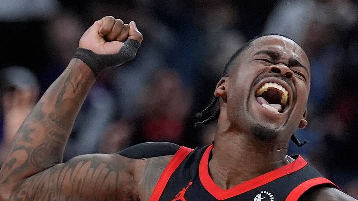 Toronto Raptors guard Jamal Shead reacts after a play against the Cleveland Cavaliers. Toronto Raptors guard Jamal Shead reacts after a play against the Cleveland Cavaliers.
