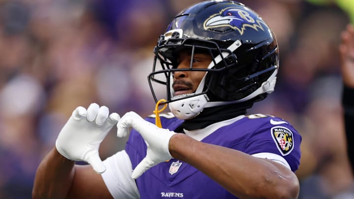 Dec 7, 2025; Baltimore, Maryland, USA; Baltimore Ravens tight end Isaiah Likely (80) reacts after scoring a touchdown against the Pittsburgh Steelers during the second half at M&T Bank Stadium. Mandatory Credit: Peter Casey-Imagn Images