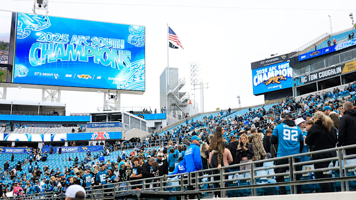 The video scoreboard reflects the Jacksonville Jaguars as the AFC South Champions after the game of an NFL football matchup at EverBank Stadium, Sunday, Jan. 4, 2026, in Jacksonville, Fla. The Jaguars defeated the Titans 41-7, capturing the AFC South title. [Corey Perrine/Florida Times-Union]