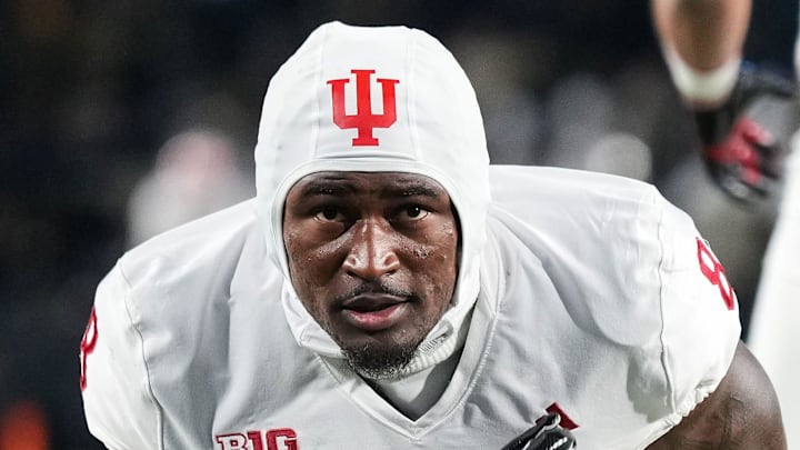 Indiana Hoosiers running back Kaelon Black (8) prays in the end zone Friday, Nov. 28, 2025, during the 100th annual Old Oaken Bucket game at Ross-Ade Stadium in West Lafayette.
