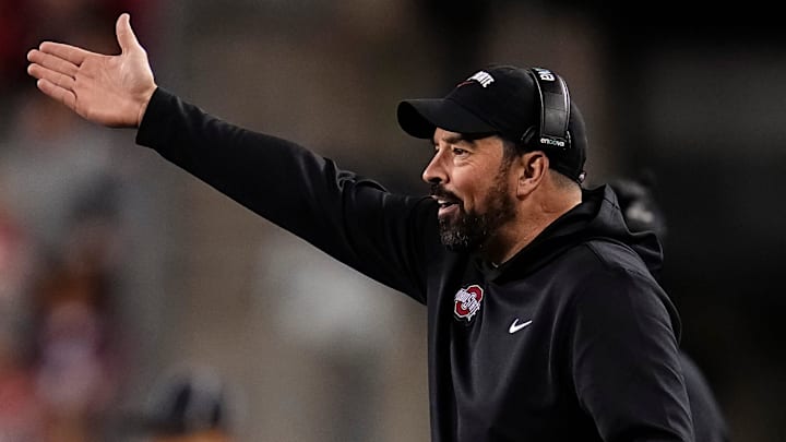 Ohio State Buckeyes head coach Ryan Day reacts during the NCAA football game against the UCLA Bruins at Ohio Stadium in Columbus on Nov. 15, 2025.