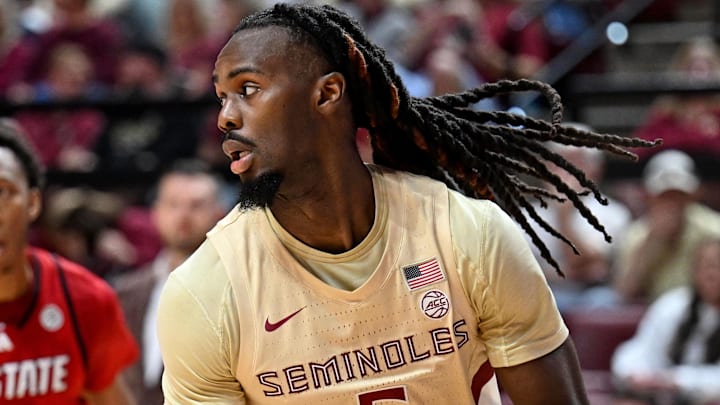 Jan 10, 2026; Tallahassee, Florida, USA; Florida State Seminoles guard Robert McCray (6) looks to pass the ball during the first half against the North Carolina State Wolfpack at Donald L. Tucker Center. Mandatory Credit: Melina Myers-Imagn Images