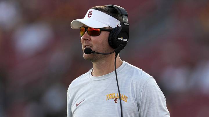 Sep 3, 2022; Los Angeles, California, USA; Southern California Trojans head coach Lincoln Riley reacts in the second half against the Rice Owls at United Airlines Field at Los Angeles Memorial Coliseum. Mandatory Credit: Kirby Lee-Imagn Images Sep 3, 2022; Los Angeles, California, USA; Southern California Trojans head coach Lincoln Riley reacts in the second half against the Rice Owls at United Airlines Field at Los Angeles Memorial Coliseum. Mandatory Credit: Kirby Lee-Imagn Images