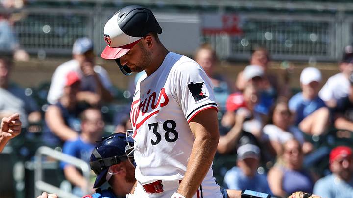 Jul 4, 2025; Minneapolis, Minnesota, USA; Minnesota Twins designated hitter Matt Wallner (38) reacts to his strikeout against the Tampa Bay Rays during the second inning at Target Field. Mandatory Credit: Matt Krohn-Imagn Images
