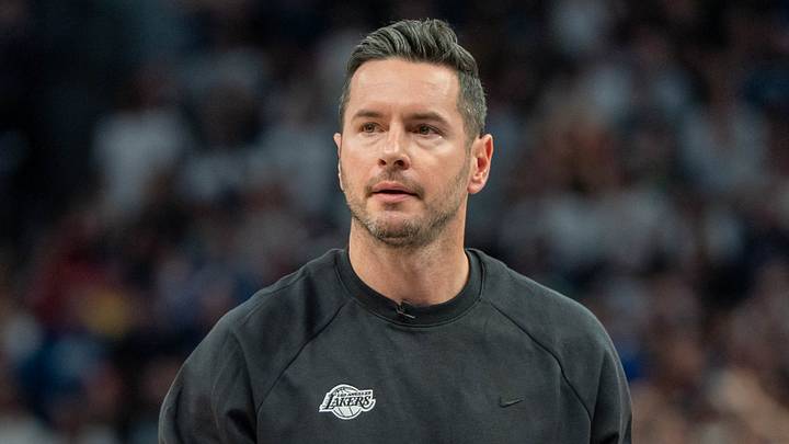 Apr 27, 2025; Minneapolis, Minnesota, USA; Los Angeles Lakers head coach JJ Redick reacts to his team losing the lead to the Minnesota Timberwolves late in the fourth quarter during game four of first round for the 2025 NBA Playoffs at Target Center. Mandatory Credit: Matt Blewett-Imagn Images