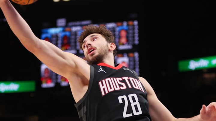 Jan 28, 2025; Atlanta, Georgia, USA; Houston Rockets center Alperen Sengun (28) grabs a rebound against the Atlanta Hawks in the second quarter at State Farm Arena. Mandatory Credit: Brett Davis-Imagn Images Jan 28, 2025; Atlanta, Georgia, USA; Houston Rockets center Alperen Sengun (28) grabs a rebound against the Atlanta Hawks in the second quarter at State Farm Arena. Mandatory Credit: Brett Davis-Imagn Images