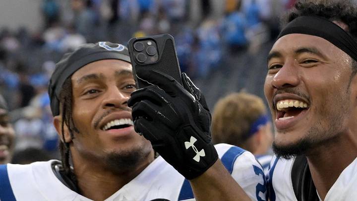 Indianapolis Colts' Cam Bynum celebrates after a game