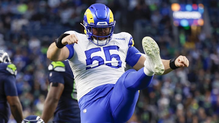 Nov 3, 2024; Seattle, Washington, USA; Los Angeles Rams defensive tackle Braden Fiske (55) celebrates following a sack against Seattle Seahawks quarterback Geno Smith (7) during the fourth quarter at Lumen Field. Mandatory Credit: Joe Nicholson-Imagn Images Nov 3, 2024; Seattle, Washington, USA; Los Angeles Rams defensive tackle Braden Fiske (55) celebrates following a sack against Seattle Seahawks quarterback Geno Smith (7) during the fourth quarter at Lumen Field. Mandatory Credit: Joe Nicholson-Imagn Images