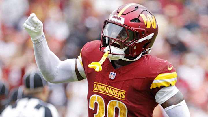 Sep 21, 2025; Landover, Maryland, USA; Washington Commanders safety Jeremy Reaves (39) reacts after a play during the second half against the Las Vegas Raiders at Northwest Stadium. Mandatory Credit: Amber Searls-Imagn Images