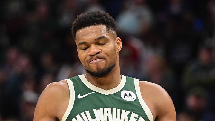 Milwaukee Bucks forward Giannis Antetokounmpo (34) reacts after missing a shot late in the fourth quarter against the Sacramento Kings at Fiserv Forum on November 1, 2025.