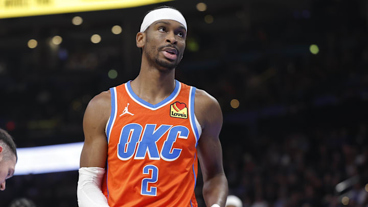 Jan 25, 2026; Oklahoma City, Oklahoma, USA; Oklahoma City Thunder guard Shai Gilgeous-Alexander (2) reacts after a play against the Toronto Raptors during the second half at Paycom Center. Mandatory Credit: Alonzo Adams-Imagn Images Jan 25, 2026; Oklahoma City, Oklahoma, USA; Oklahoma City Thunder guard Shai Gilgeous-Alexander (2) reacts after a play against the Toronto Raptors during the second half at Paycom Center. Mandatory Credit: Alonzo Adams-Imagn Images