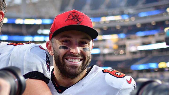 Tampa Bay Buccaneers quarterback Baker Mayfield (6) celebrates the victory against the Los Angeles Chargers.