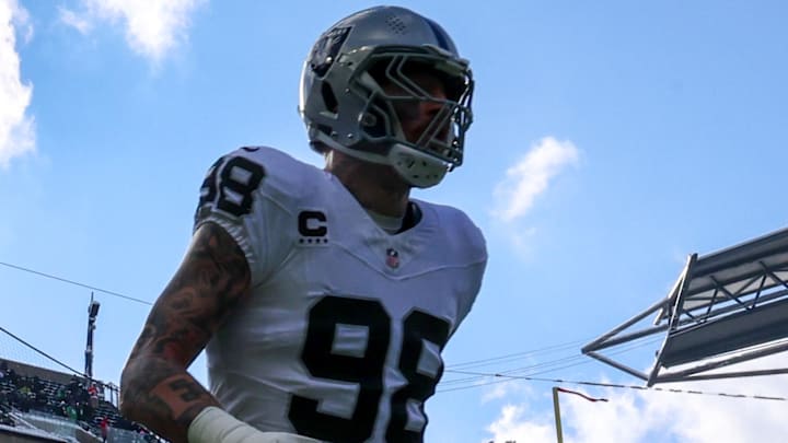 Dec 14, 2025; Philadelphia, Pennsylvania, USA; Las Vegas Raiders defensive end Maxx Crosby (98) runs onto the field before the game against the Philadelphia Eagles at Lincoln Financial Field. Mandatory Credit: Bill Streicher-Imagn Images