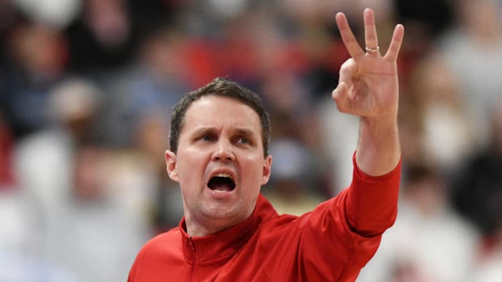 Mar 2, 2026; Raleigh, North Carolina, USA;  NC State Wolfpack head coach Will Wade reacts during the first half against the Duke Blue Devils at Lenovo Center. Mandatory Credit: Zachary Taft-Imagn Images