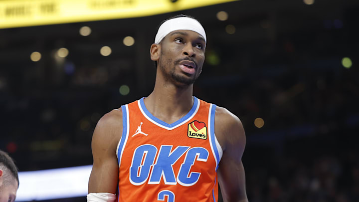 Jan 25, 2026; Oklahoma City, Oklahoma, USA; Oklahoma City Thunder guard Shai Gilgeous-Alexander (2) reacts after a play against the Toronto Raptors during the second half at Paycom Center. Mandatory Credit: Alonzo Adams-Imagn Images Jan 25, 2026; Oklahoma City, Oklahoma, USA; Oklahoma City Thunder guard Shai Gilgeous-Alexander (2) reacts after a play against the Toronto Raptors during the second half at Paycom Center. Mandatory Credit: Alonzo Adams-Imagn Images