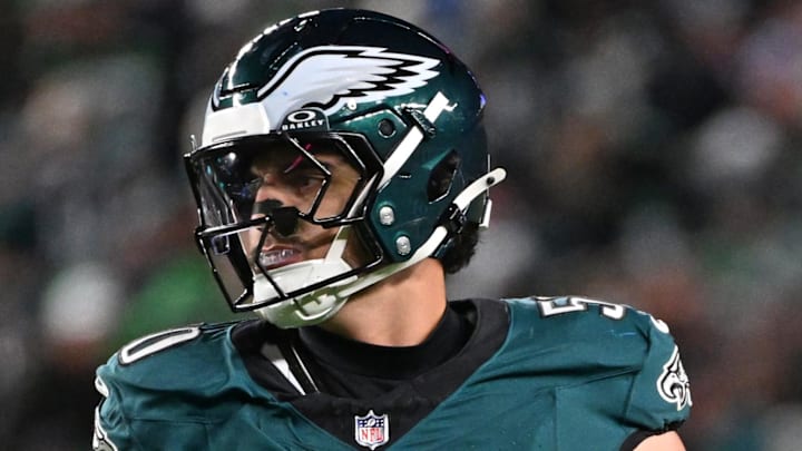 Nov 16, 2025; Philadelphia, Pennsylvania, USA; Philadelphia Eagles linebacker Jaelan Phillips (50) against the Detroit Lions at Lincoln Financial Field. Mandatory Credit: Eric Hartline-Imagn Images