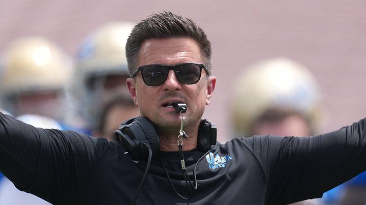 May 2, 2026; Pasadena, CA, USA; UCLA Bruins coach Bob Chesney reacts during the spring game at Rose Bowl. Mandatory Credit: Kirby Lee-Imagn Images