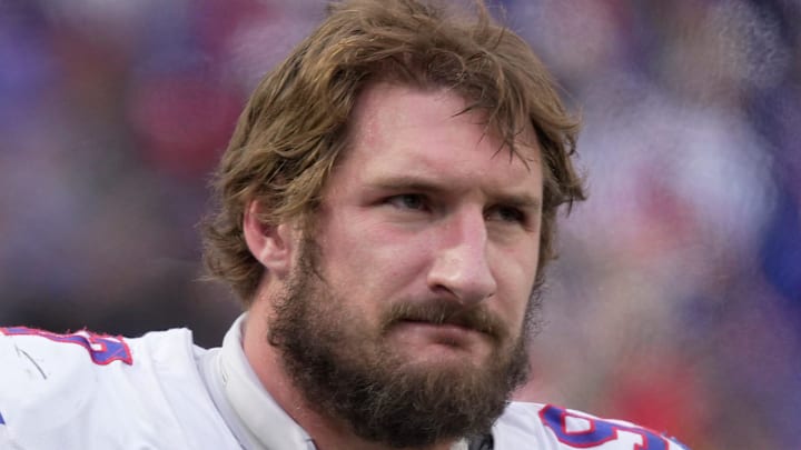 Buffalo Bills defensive end Joey Bosa watches the offensive line on the field during second half action against Buccaneers 