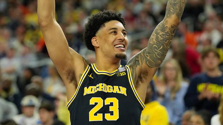 Apr 4, 2026; Indianapolis, IN, USA; Michigan Wolverines forward Yaxel Lendeborg (23) celebrates against the Arizona Wildcats in a semifinal of the Final Four of the men's 2026 NCAA Tournament at Lucas Oil Stadium. Mandatory Credit: Bob Donnan-Imagn Images
