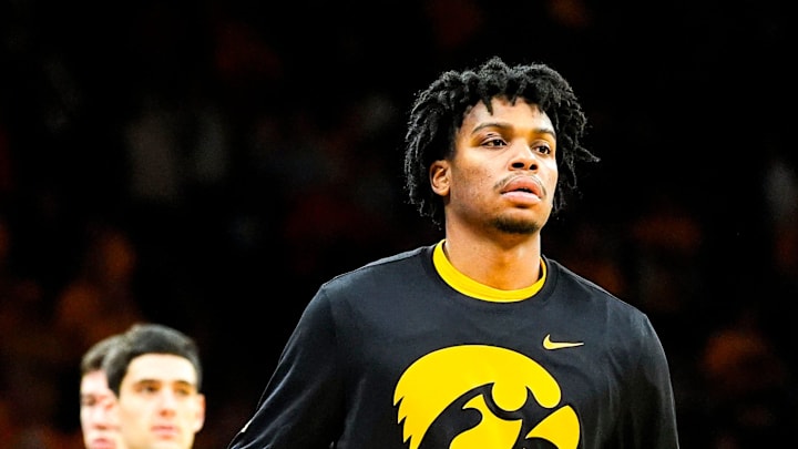 Iowa’s Tavion Banks (6) takes the court ahead of the basketball game against the Illinois Fighting Illini Jan. 11, 2026 at Carver-Hawkeye Arena in Iowa City, Iowa.