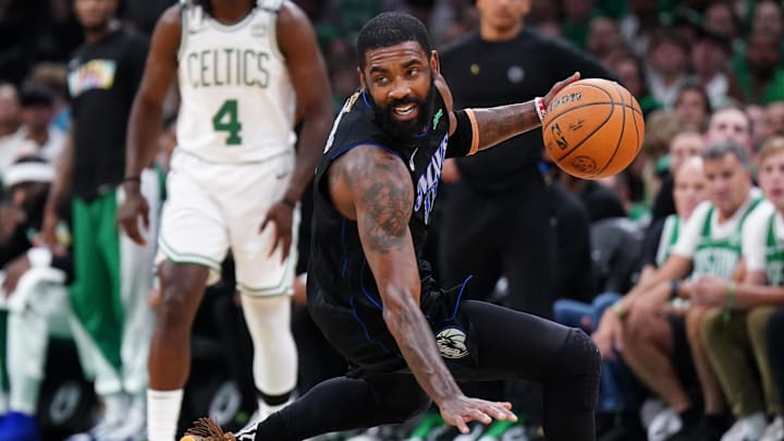 Jun 6, 2024; Boston, Massachusetts, USA; Dallas Mavericks guard Kyrie Irving (11) controls the ball against Boston Celtics guard Jaylen Brown (7) in the first quarter during game one of the 2024 NBA Finals at TD Garden. Mandatory Credit: David Butler II-USA TODAY Sports Jun 6, 2024; Boston, Massachusetts, USA; Dallas Mavericks guard Kyrie Irving (11) controls the ball against Boston Celtics guard Jaylen Brown (7) in the first quarter during game one of the 2024 NBA Finals at TD Garden. Mandatory Credit: David Butler II-USA TODAY Sports