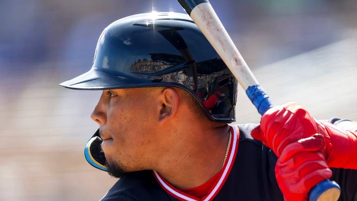 Feb 24, 2026; Phoenix, Arizona, USA; Cleveland Guardians shortstop Angel Genao against the Los Angeles Dodgers during a spring training game at Camelback Ranch-Glendale. Mandatory Credit: Mark J. Rebilas-Imagn Images