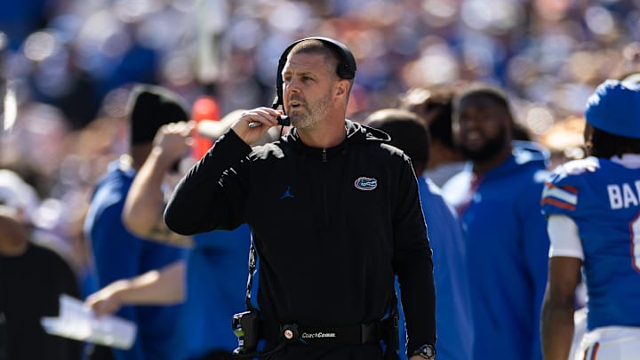 Nov 23, 2024; Gainesville, Florida, USA; Florida Gators head coach Billy Napier looks on against the Mississippi Rebels during the first half at Ben Hill Griffin Stadium. Mandatory Credit: Matt Pendleton-Imagn Images