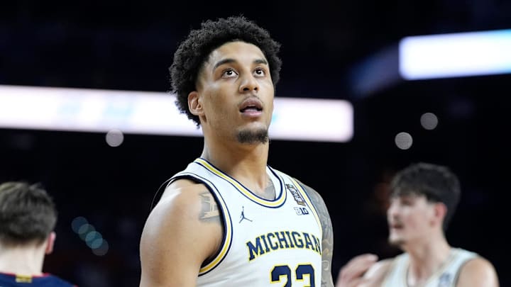 Michigan forward Yaxel Lendeborg (23) on the court during the first half of the NCAA national championship game at Lucas Oil Stadium in Indianapolis on Monday, April 6, 2026.