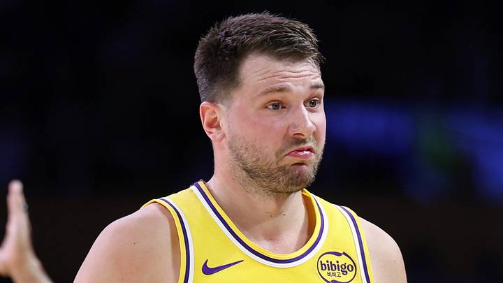 LOS ANGELES, CALIFORNIA - FEBRUARY 20: Luka Doncic #77 of the Los Angeles Lakers reacts after scoring. (Photo by Luiza Moraes/Getty Images)