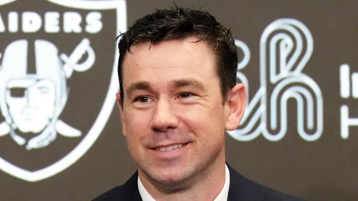Feb 10, 2026; Henderson, NV, USA; Las Vegas Raiders coach Klint Kubiak speaks at introductory press conference at Intermountain Health Performance Center. Mandatory Credit: Kirby Lee-Imagn Images