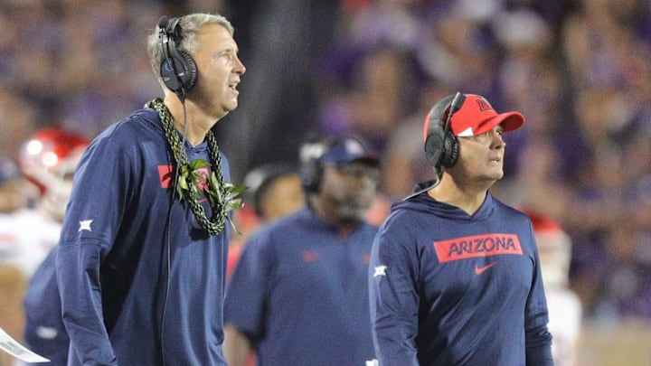 Arizona Wildcats head coach Brent Brennan watches his team during the second quarter of the game against Kansas State at Bill Snyder Family Stadium on Friday, September 13, 2024.