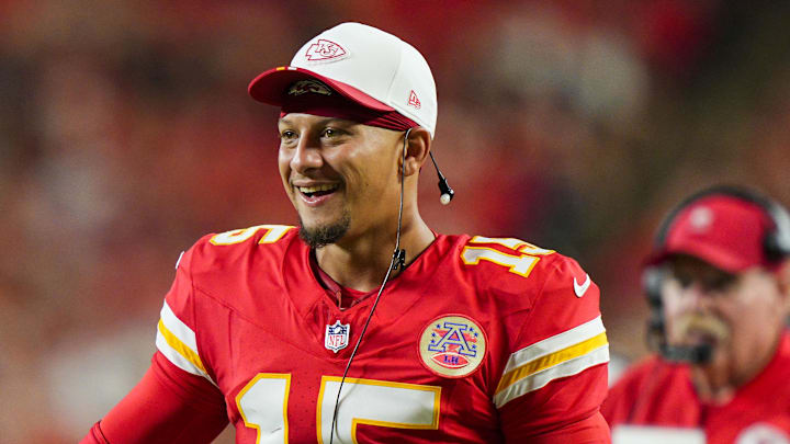 Aug 22, 2025; Kansas City, Missouri, USA; Kansas City Chiefs quarterback Patrick Mahomes (15) reacts after a touchdown during the second half against the Chicago Bears at GEHA Field at Arrowhead Stadium. Mandatory Credit: Jay Biggerstaff-Imagn Images