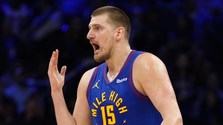 Jan 31, 2025; Philadelphia, Pennsylvania, USA; Denver Nuggets center Nikola Jokic (15) reacts against the Philadelphia 76ers in the fourth quarter at Wells Fargo Center. Mandatory Credit: Kyle Ross-Imagn Images