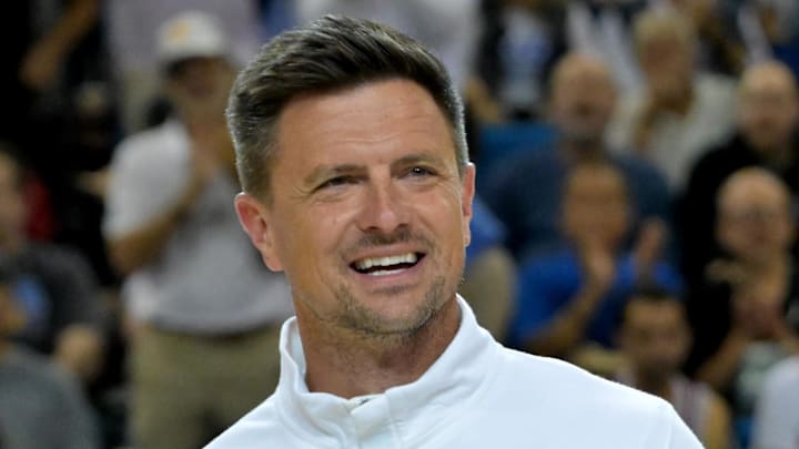 Jan 31, 2026; Los Angeles, California, USA; UCLA Bruins head football coach Bob Chesney is introduced during the basketball game against the Indiana Hoosiers at Pauley Pavilion presented by Wescom Financial. Mandatory Credit: Jayne Kamin-Oncea-Imagn Images