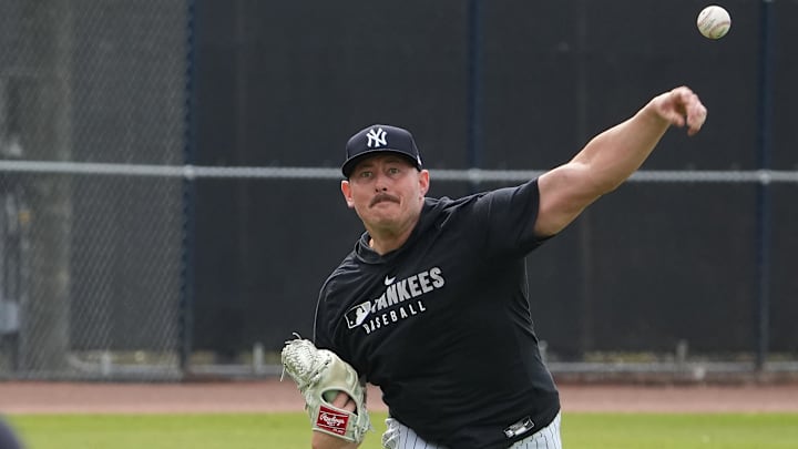 Feb 19, 2025; Tampa, FL, USA; New York Yankees pitcher Tyler Matzek (68) throws a ball during spring training practice at George M. Steinbrenner Field. Feb 19, 2025; Tampa, FL, USA; New York Yankees pitcher Tyler Matzek (68) throws a ball during spring training practice at George M. Steinbrenner Field.