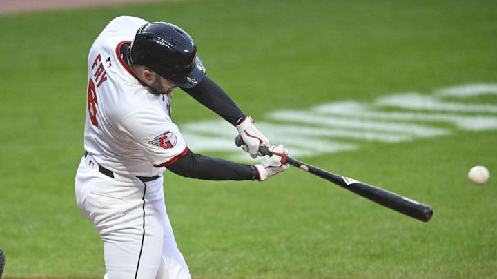 Sep 9, 2025; Cleveland, Ohio, USA; Cleveland Guardians designated hitter David Fry (6) hits an RBI double in the fourth inning against the Kansas City Royals at Progressive Field. Mandatory Credit: David Richard-Imagn Images Sep 9, 2025; Cleveland, Ohio, USA; Cleveland Guardians designated hitter David Fry (6) hits an RBI double in the fourth inning against the Kansas City Royals at Progressive Field. Mandatory Credit: David Richard-Imagn Images