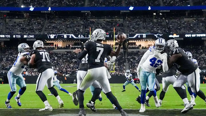 Nov 17, 2025; Paradise, Nevada, USA; Las Vegas Raiders quarterback Geno Smith (7) looks to pass downfield against the Dallas Cowboys during the second half at Allegiant Stadium. Mandatory Credit: Kirby Lee-Imagn Images