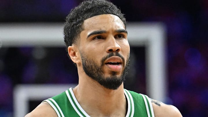 Apr 24, 2026; Philadelphia, Pennsylvania, USA; Boston Celtics forward Jayson Tatum (0) reacts after a three point basket against the Philadelphia 76ers during the second half at Xfinity Mobile Arena. Mandatory Credit: Eric Hartline-Imagn Images