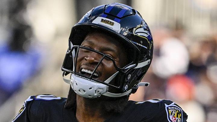 Oct 26, 2025; Baltimore, Maryland, USA;  Baltimore Ravens wide receiver DeAndre Hopkins (10) reacts after a catch during the game against the Chicago Bears at M&T Bank Stadium. Mandatory Credit: Tommy Gilligan-Imagn Images