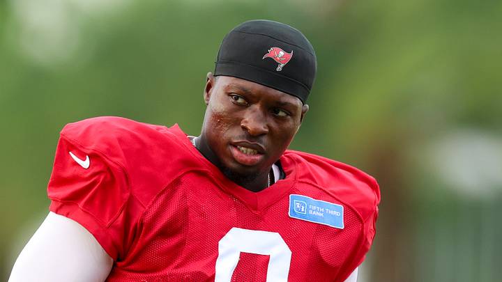 Tampa Bay Buccaneers linebacker Yaya Diaby (0) participates in training camp at AdventHealth Training Center. 