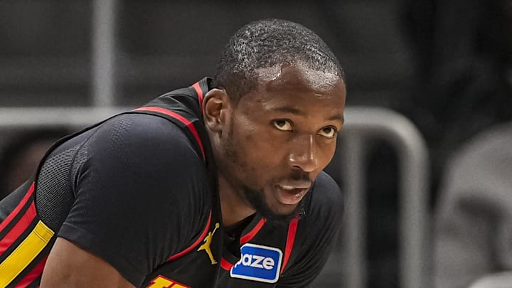 Feb 24, 2026; Atlanta, Georgia, USA; Atlanta Hawks forward Jonathan Kuminga (0) on the court against the Washington Wizards during the first half at State Farm Arena. Mandatory Credit: Dale Zanine-Imagn Images