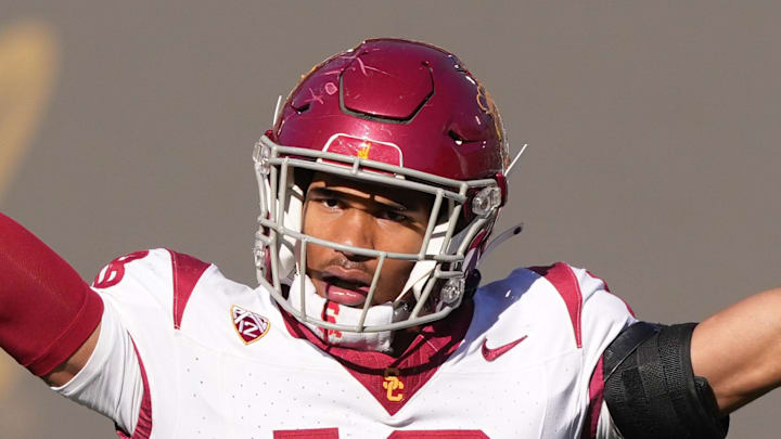 Oct 28, 2023; Berkeley, California, USA; USC Trojans linebacker Eric Gentry (18) gestures during the third quarter against the California Golden Bears at California Memorial Stadium. Mandatory Credit: Darren Yamashita-Imagn Images