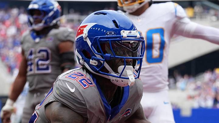 Sep 27, 2026; Orchard Park, New York, USA;  Buffalo Bills safety C.J. Gardner-Johnson (22) returns an interception for 41 yards during the fourth quarter against the Los Angeles Chargers at Former Highmark Stadium.  Mandatory Credit: Gregory Fisher-Imagn Images