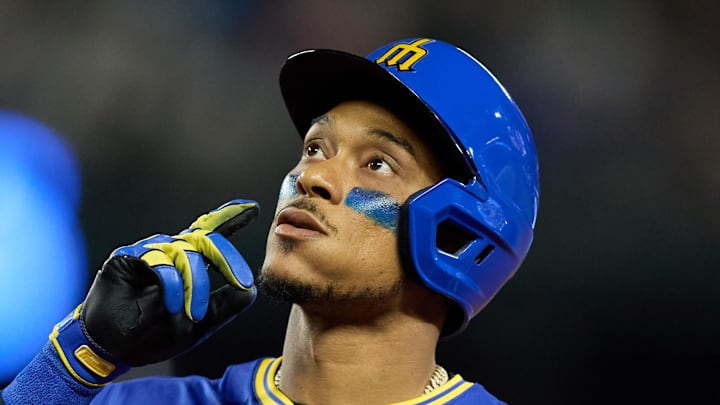 Seattle Mariners designated hitter Jorge Polanco (7) reacts on first on a single against the Texas Rangers during the sixth inning at T-Mobile Park on Aug. 1. Seattle Mariners designated hitter Jorge Polanco (7) reacts on first on a single against the Texas Rangers during the sixth inning at T-Mobile Park on Aug. 1.
