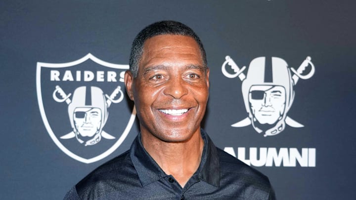 Aug 13, 2023; Paradise, Nevada, USA; Marcus Allen poses on the silver carpet during the Raiders Alumni Reunion at Allegiant Stadium. Mandatory Credit: Kirby Lee-Imagn Images
