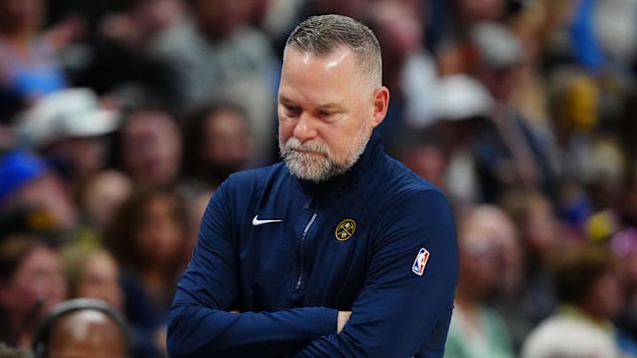 Apr 6, 2025; Denver, Colorado, USA; Denver Nuggets head coach Michael Malone during the third quarter against the Indiana Pacers at Ball Arena. Mandatory Credit: Ron Chenoy-Imagn Images