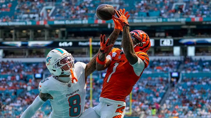 Miami Dolphins cornerback Julius Brents (8) breaks up a pass in the end zone to Cincinnati Bengals wide receiver Ja'marr Chase (1) in the first quarter of the NFL Week 5 game between the Miami Dolphins and the Cincinnati Bengals at Hard Rock Stadium in Miami Gardens, Florida, on Sunday, Oct. 11, 2026.
