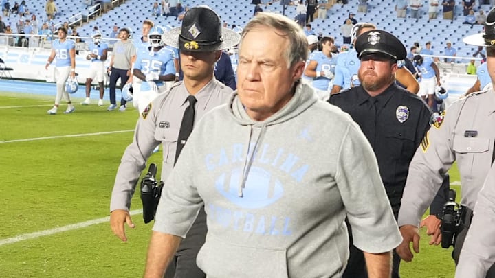 Sep 1, 2025; Chapel Hill, North Carolina, USA; North Carolina Tar Heels head coach Bill Belichick walks to center field after the game at Kenan Stadium. Mandatory Credit: Bob Donnan-Imagn Images
