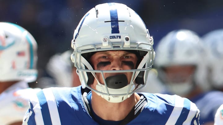 Sep 7, 2025; Indianapolis, Indiana, USA; Indianapolis Colts wide receiver Alec Pierce (14) celebrates after making a catch during the second half against the Miami Dolphins at Lucas Oil Stadium. Mandatory Credit: Trevor Ruszkowski-Imagn Images Sep 7, 2025; Indianapolis, Indiana, USA; Indianapolis Colts wide receiver Alec Pierce (14) celebrates after making a catch during the second half against the Miami Dolphins at Lucas Oil Stadium. Mandatory Credit: Trevor Ruszkowski-Imagn Images