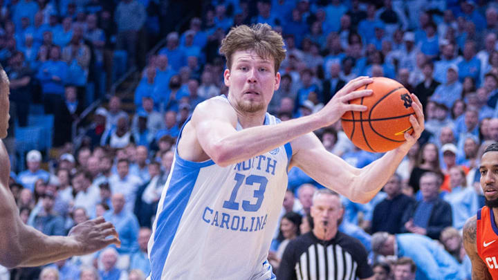 Mar 3, 2026; Chapel Hill, North Carolina, USA; North Carolina Tar Heels center Henri Veesaar (13) drives to the basket during the second half against the Clemson Tigers at Dean E. Smith Center. Mandatory Credit: Scott Kinser-Imagn Images